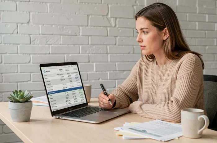 Femme consultant les taux de prêt immobilier Casden sur son ordinateur depuis son bureau à domicile