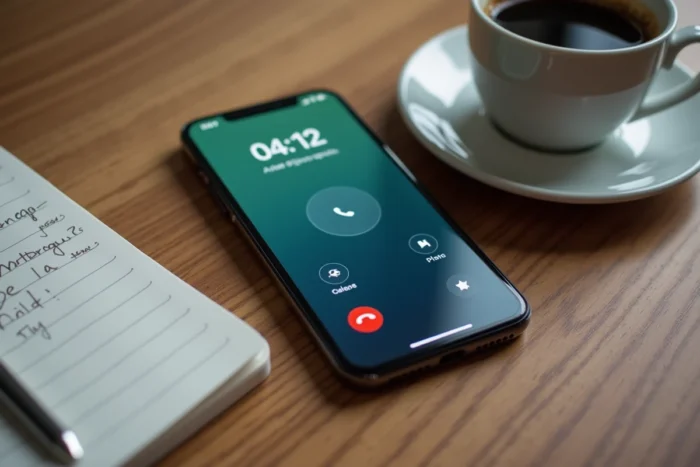 Gros plan sur un smartphone affichant un numéro de téléphone français commençant par 04 12, posé sur une table en bois avec un carnet de notes
