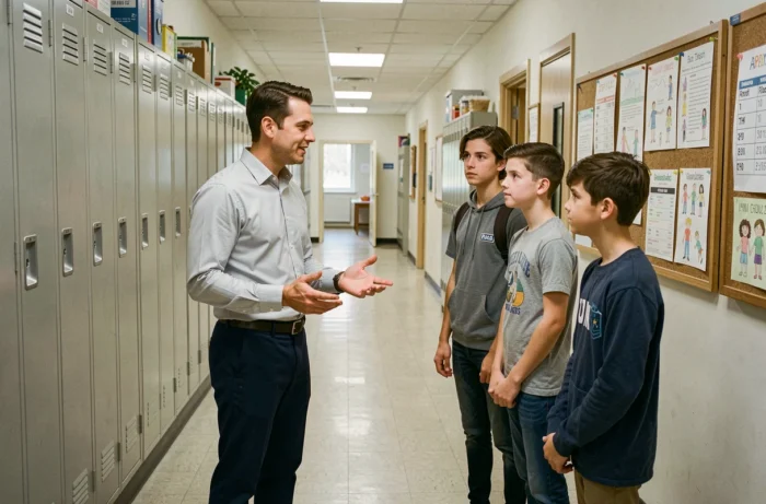Futur CPE en stage pratique interagissant avec des élèves dans un couloir de collège