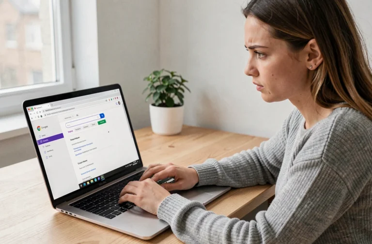 Femme changeant le moteur de recherche par défaut dans les paramètres de Google Chrome sur un ordinateur portable