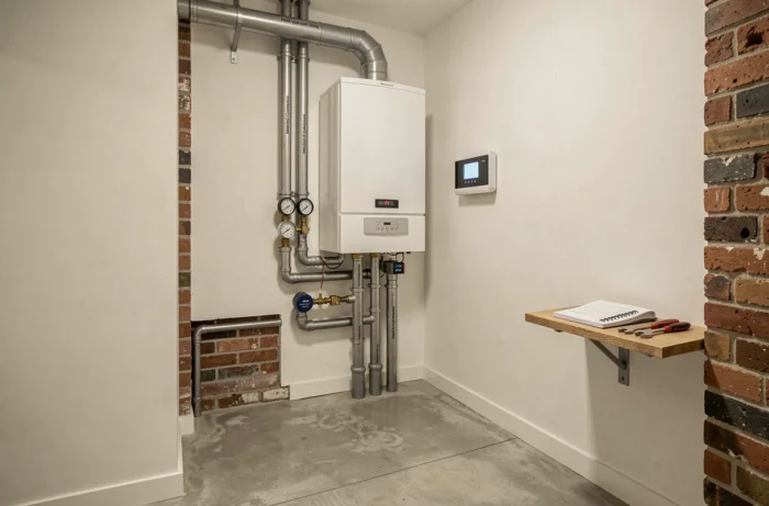 Système de chauffage à condensation installé dans une buanderie résidentielle à Bruxelles