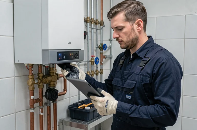 Technicien en chauffage inspectant une chaudière à gaz dans un appartement bruxellois