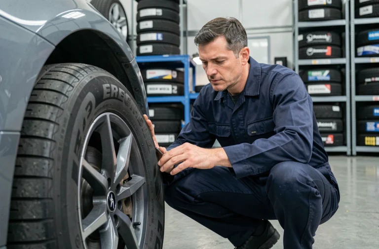 Technicien automobile examinant les marquages d'indice de charge sur le flanc d'un pneu dans un atelier professionnel
