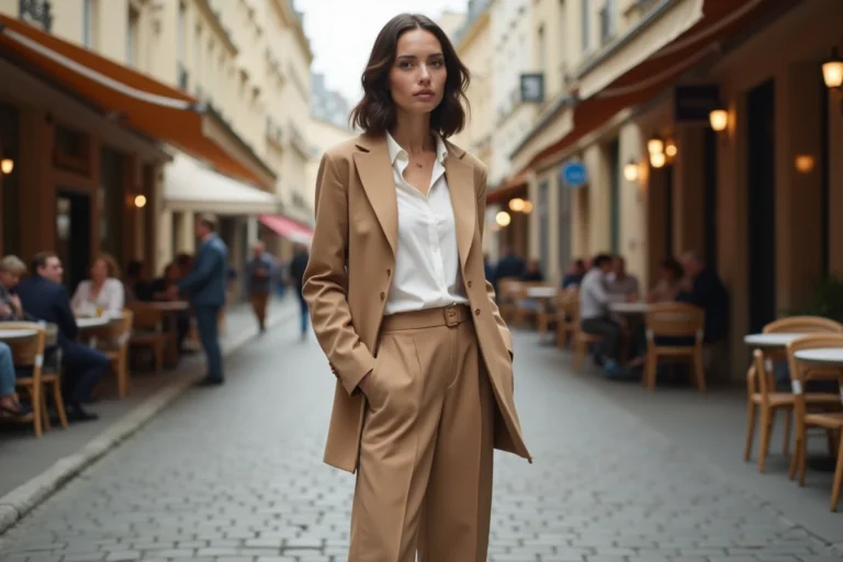 Femme élégante en blazer camel et pantalon large dans une rue pavée parisienne, tendance mode automne