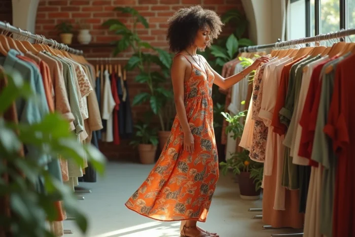 Femme aux cheveux bouclés en robe fleurie midi parcourant un dépôt-vente tendance dans un concept store vintage