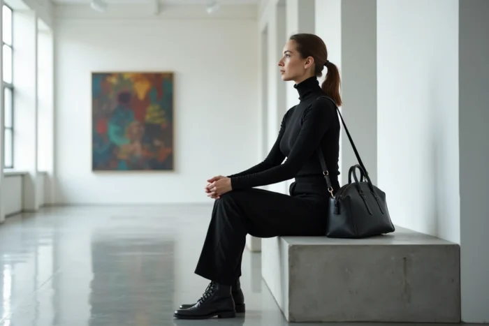 Femme en total look noir minimaliste assise dans une galerie d'art moderne, style mode chic et épuré