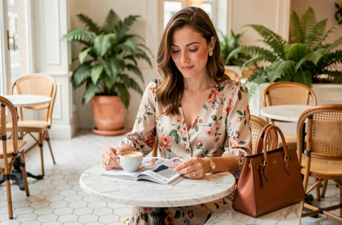Femme chic assise en terrasse de café parisien avec une robe en soie florale et un sac en cuir cognac, illustrant les accessoires tendance de la saison