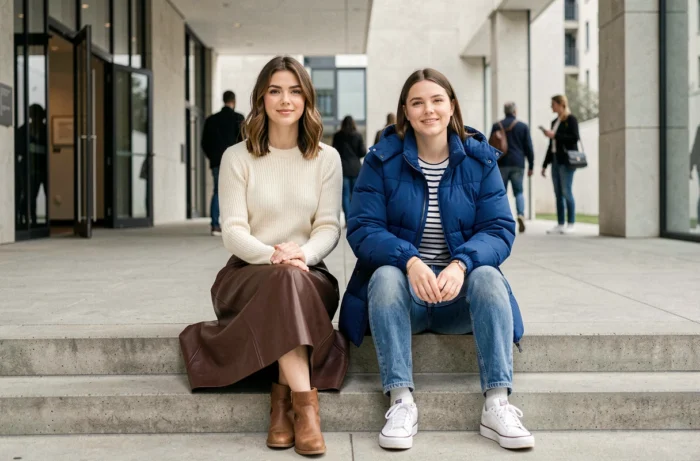 Deux femmes assises sur des marches de musée arborant les tendances mode de la saison, jupe midi marron et doudoune bleue cobalt