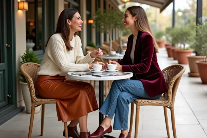 Deux femmes aux tenues tendance automne discutant en terrasse de café, look mode velours bordeaux et jupe cuir terracotta
