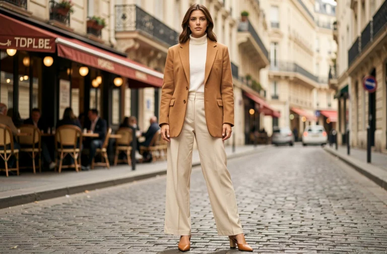 Femme élégante portant un blazer camel oversize et un pantalon large crème dans une rue pavée parisienne, tendances mode automne-hiver