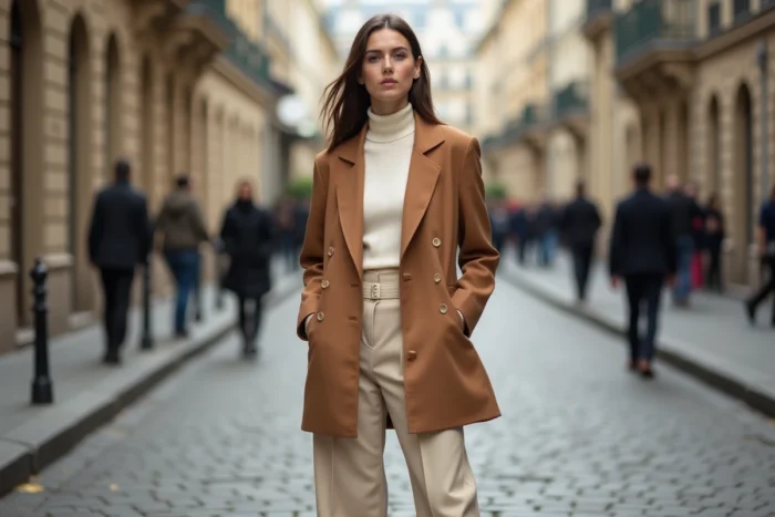 Femme élégante portant un blazer camel oversize et un pantalon large crème dans une rue parisienne, tendances mode automne-hiver