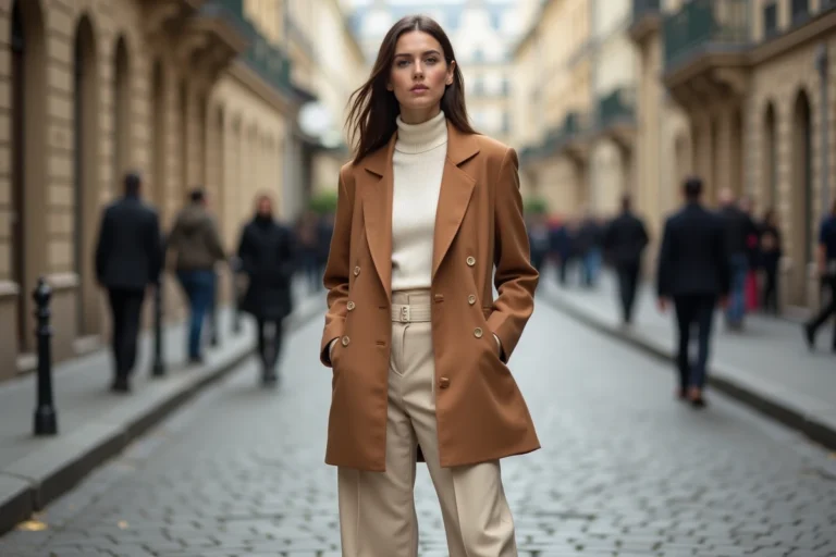 Femme élégante portant un blazer camel oversize et un pantalon large crème dans une rue parisienne, tendances mode automne-hiver