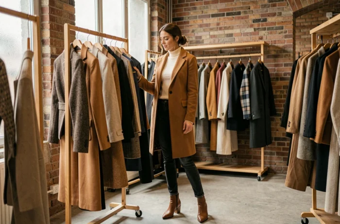 Jeune femme élégante en manteau camel parcourant les nouvelles tendances mode dans une boutique parisienne minimaliste