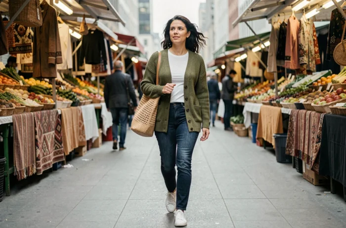 Femme dynamique en cardigan oversize vert kaki et jean droit marchant dans un marché urbain, look mode casual tendance saison
