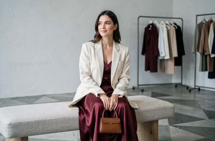 Jeune femme assise en boutique portant une jupe satin bordeaux et un blazer oversize crème, style tendances mode automne hiver
