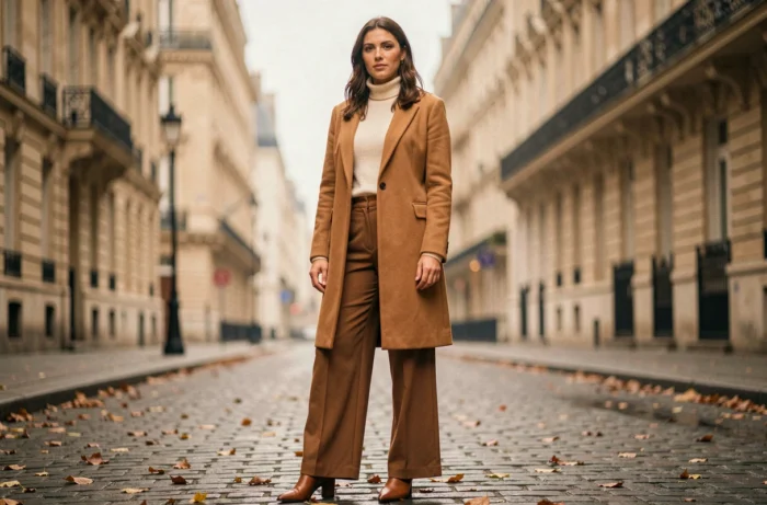 Femme élégante portant un manteau camel et un pantalon large dans une rue pavée parisienne en automne, tendances mode femme saison