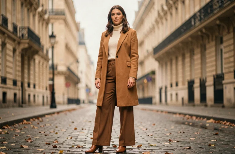 Femme élégante portant un manteau camel et un pantalon large dans une rue pavée parisienne en automne, tendances mode femme saison