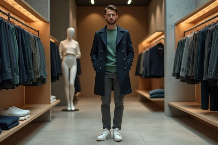 Homme en manteau marine double boutonnage dans un concept store minimaliste, look tendance mode masculine saison