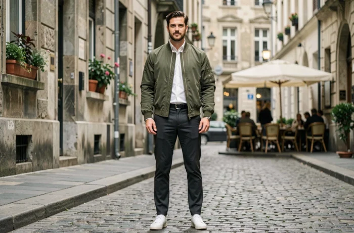 Homme stylé en veste bomber olive posant dans une rue pavée européenne pour illustrer les tendances mode masculine de la saison