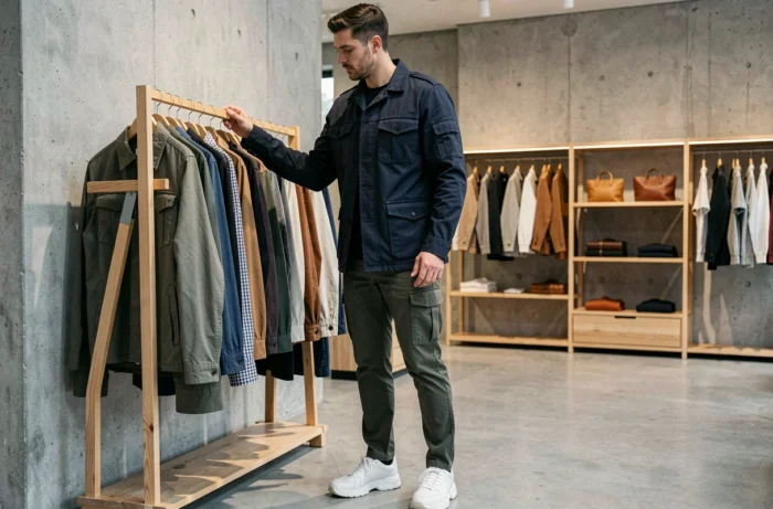 Homme en veste utilitaire navy et cargo kaki dans un concept store minimaliste, tendances mode masculine saison actuelle
