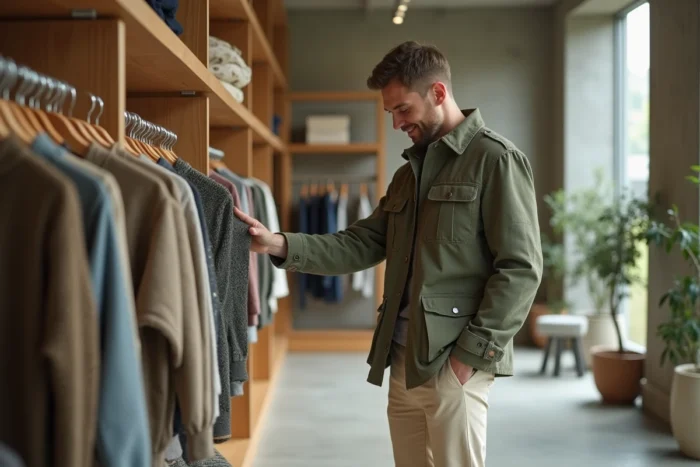 Homme en veste utilitaire vert sauge explorant les nouvelles collections dans un concept store moderne aux murs en béton