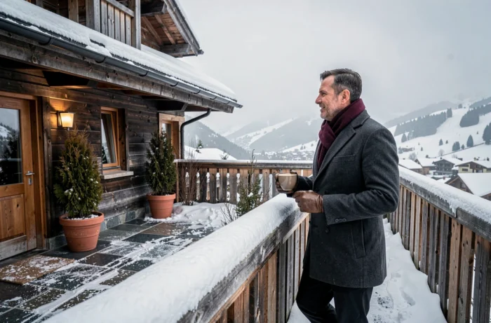 Terrasse enneigée d'un hôtel chalet de montagne à Megève avec vue panoramique sur le village et les pistes