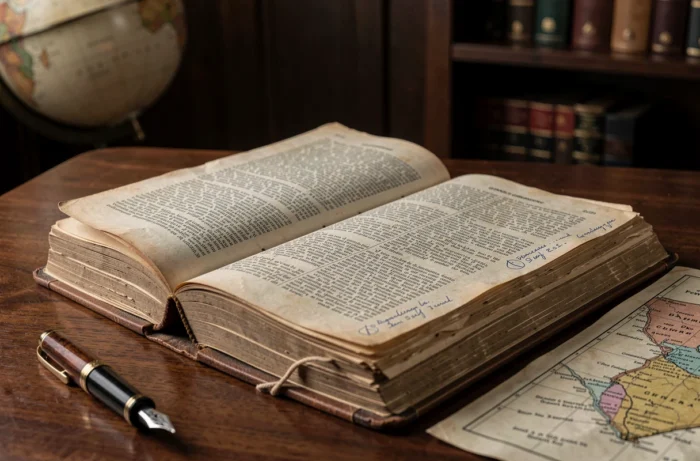 Exemplaire ancien et annoté du texte des conventions de Genève de 1949 ouvert sur un bureau en acajou avec une plume et une carte historique, symbole des fondements du droit international humanitaire