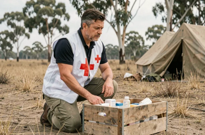 Travailleur humanitaire portant un gilet marqué d'une croix rouge, agenouillé près de caisses de matériel médical sur un terrain aride, illustrant l'action humanitaire protégée par les conventions de Genève