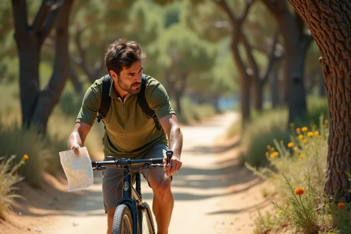 Cycliste avec un vélo de location explorant un sentier forestier de l'île de Porquerolles