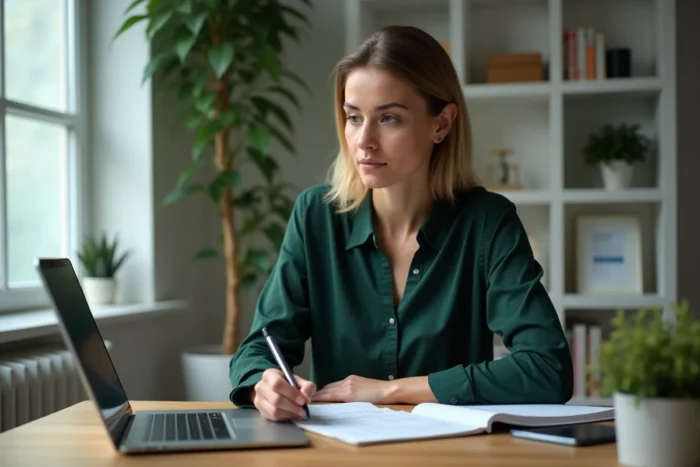 Femme comparant son bulletin de salaire de l'Éducation nationale avec des données sur son ordinateur depuis son domicile
