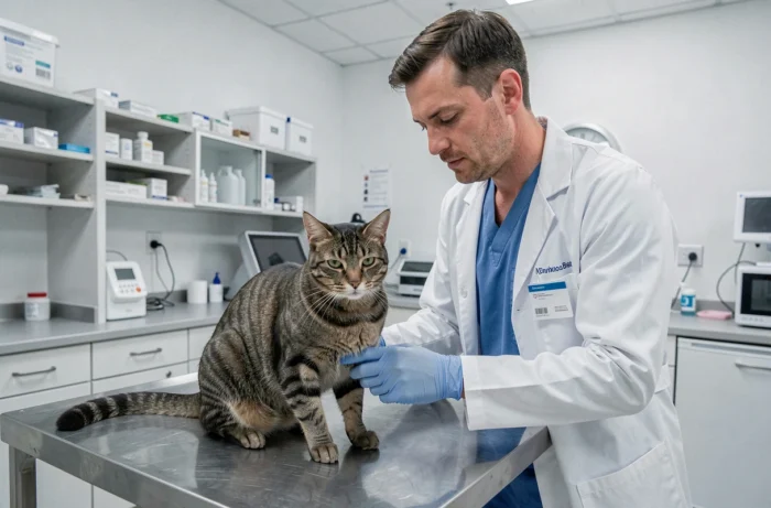 Vétérinaire examinant un chat tigré sur une table d'auscultation dans une clinique vétérinaire, rappelant l'importance de couvrir les frais médicaux avec une assurance animaux