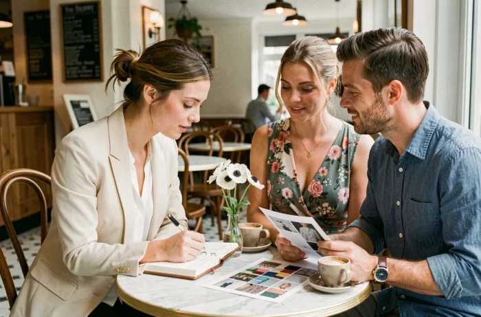 Wedding planner discutant des détails de mariage personnalisés avec un couple de fiancés dans un café parisien